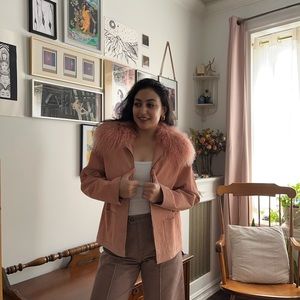 True vintage pink suede field jacket with removable sheepskin collar.